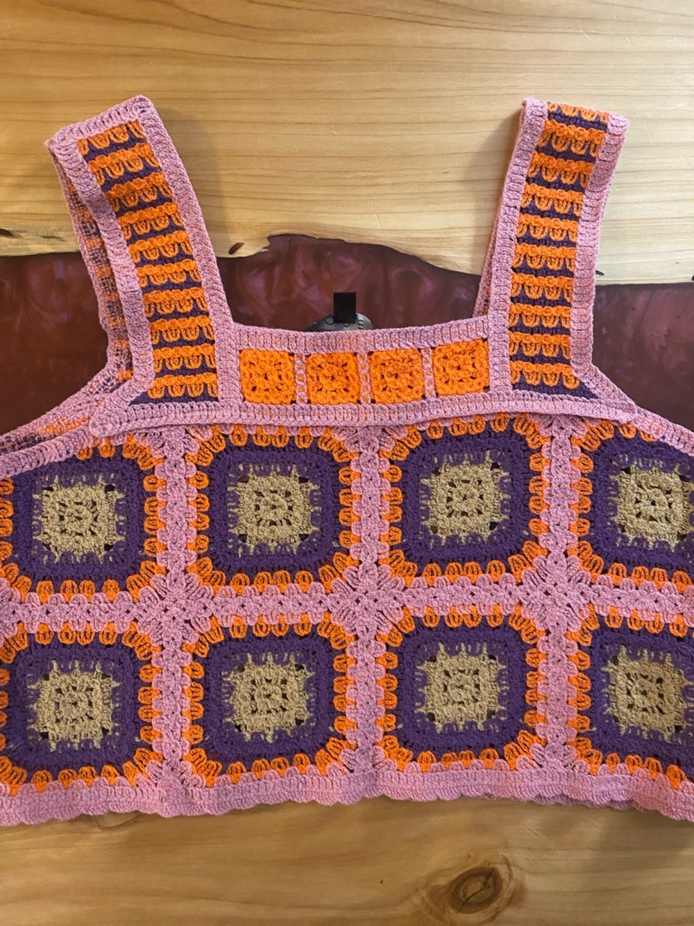NWOT Pink Crochet Cropped Top with Orange, Purple & Gold Square Panels
